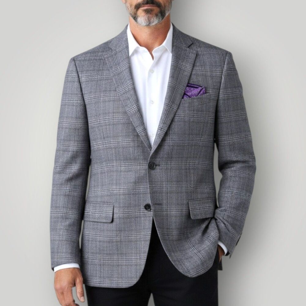 Jos. A. Bank Men's 42R Gray Linen Glen Plaid Blazer Sport Coat 2-Button Jacket
